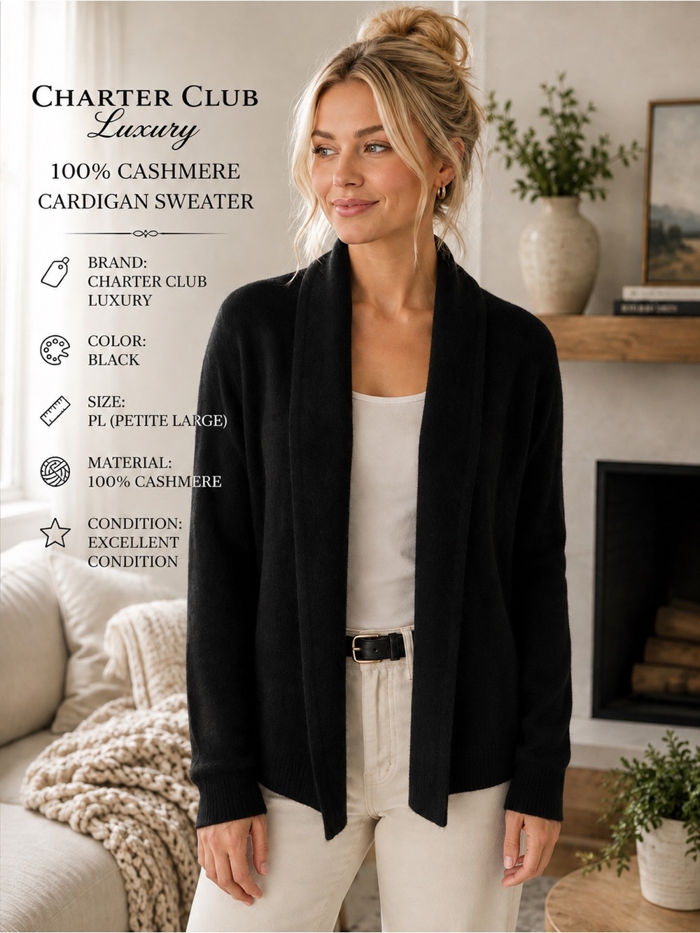 Charter Club Luxury 100% Cashmere Black Open Cardigan Sweater PL - Picture 5 of 5